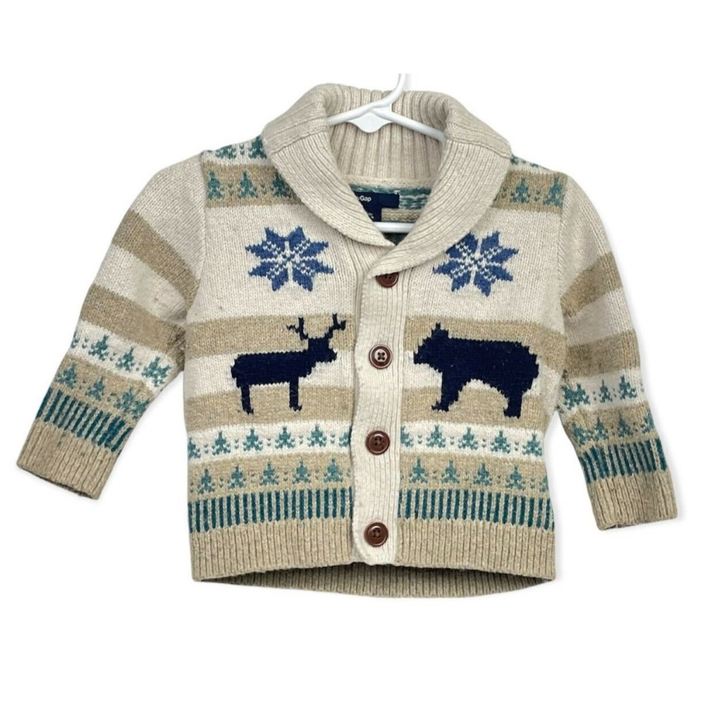 BABY GAP Boy Cardigan Sweater Wool CHILL Top Cream Bear Moose Isle Tree 6-12 M